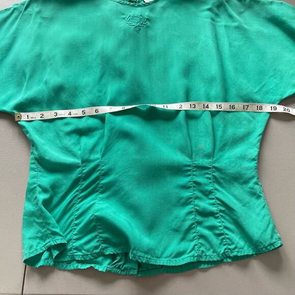 Michelle Stuart Vintage Fitted Blouse Short Sleeve Emerald Green Button Up Back - Picture 11 of 13